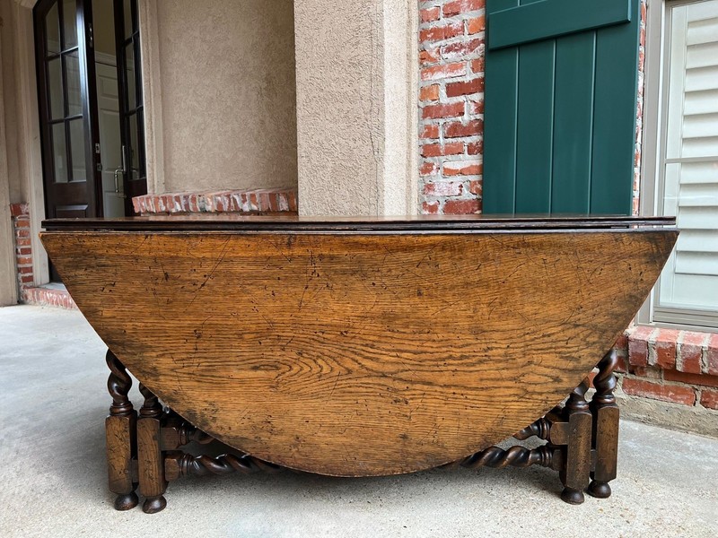 Antique English Wake Dining Table Drop Leaf BARLEY TWIST Jacobean Oak Console gallery