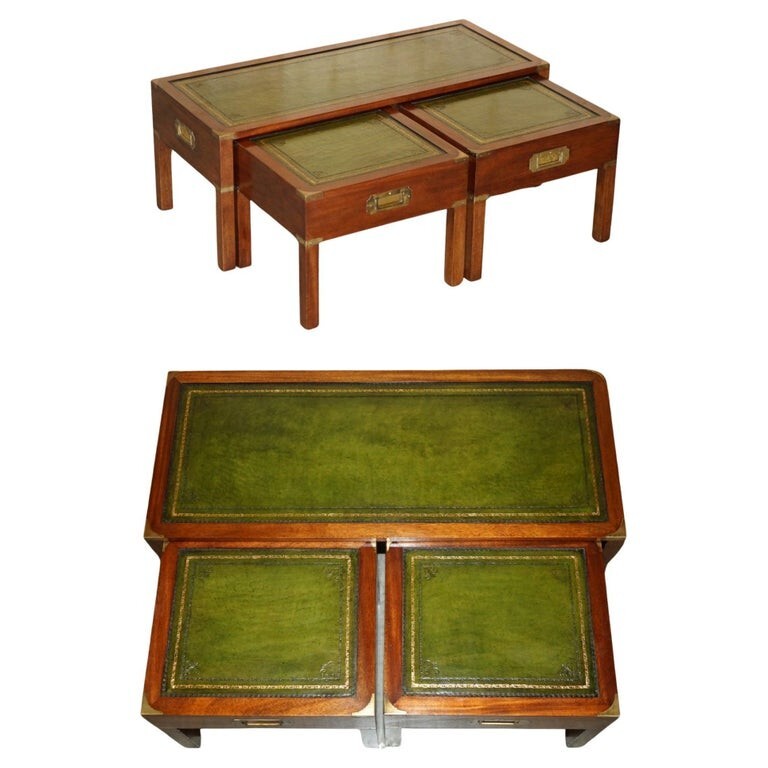 VINTAGE OVER RESTORED GREEN LEATHER MILITARY CAMPAIGN NEST OF COFFEE SIDE TABLES