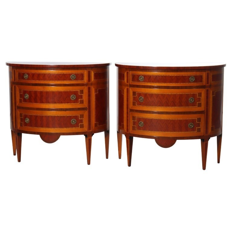 Pair Italian Hepplewhite Style Satinwood & Rosewood Inlaid Demilune Consoles