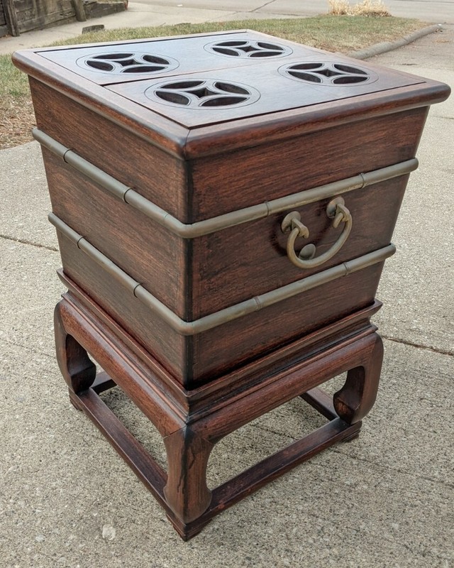 Antique Cellarette Asian Hardwood Side Table Mid Century Brass Wine Winery
