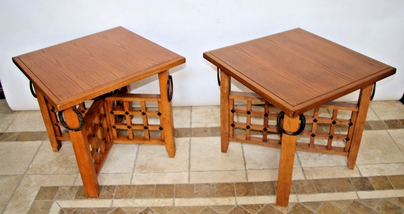 Rustic Western Retro Pair Oak Veneer End Tables Night Stands Horse shoe theme gallery
