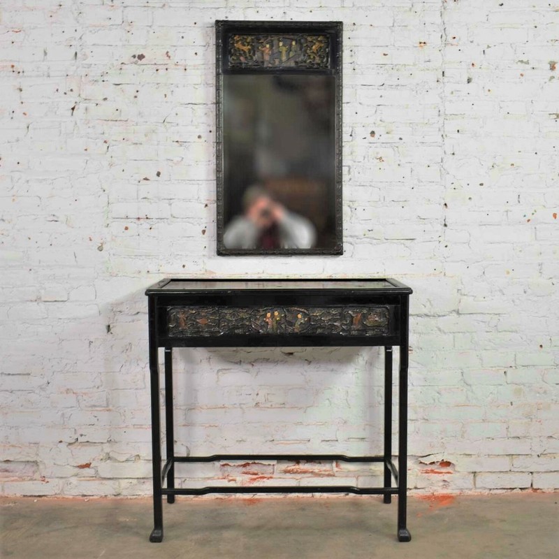 Antique Lacquered Asian Console Table & Mirror w/ Hand Carved Lacquer Figures &