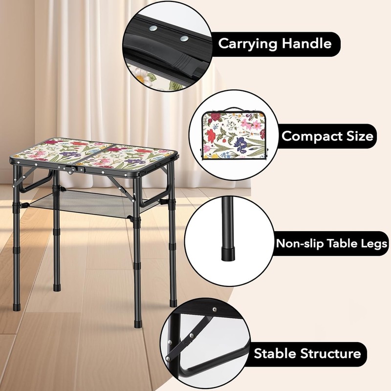 Folding Camping Table Adjustable Height Picnic Desk with Carry Handle Mesh Shelf gallery