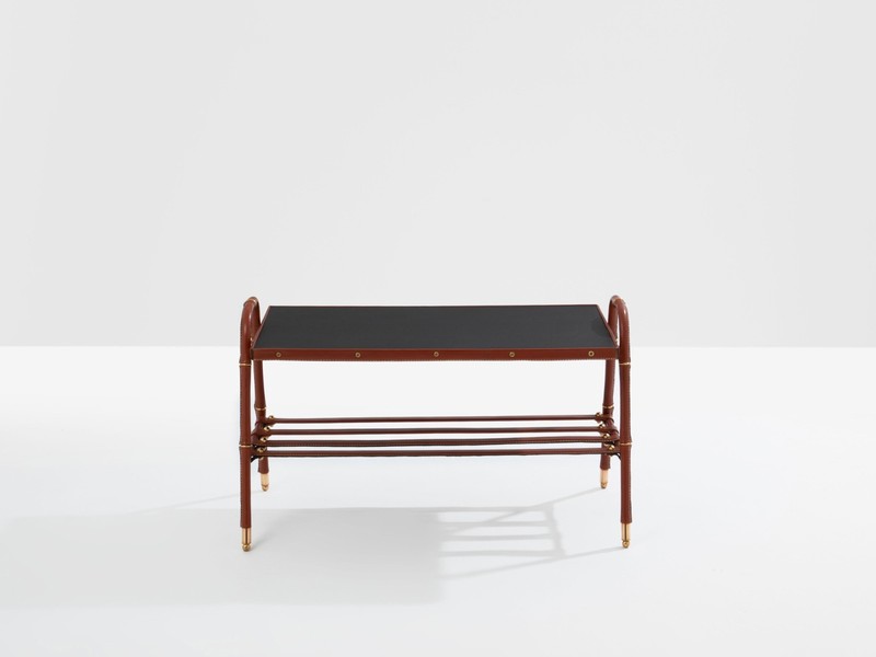 Jacques Adnet pique sellier red leather brass coffee table 1950 gallery
