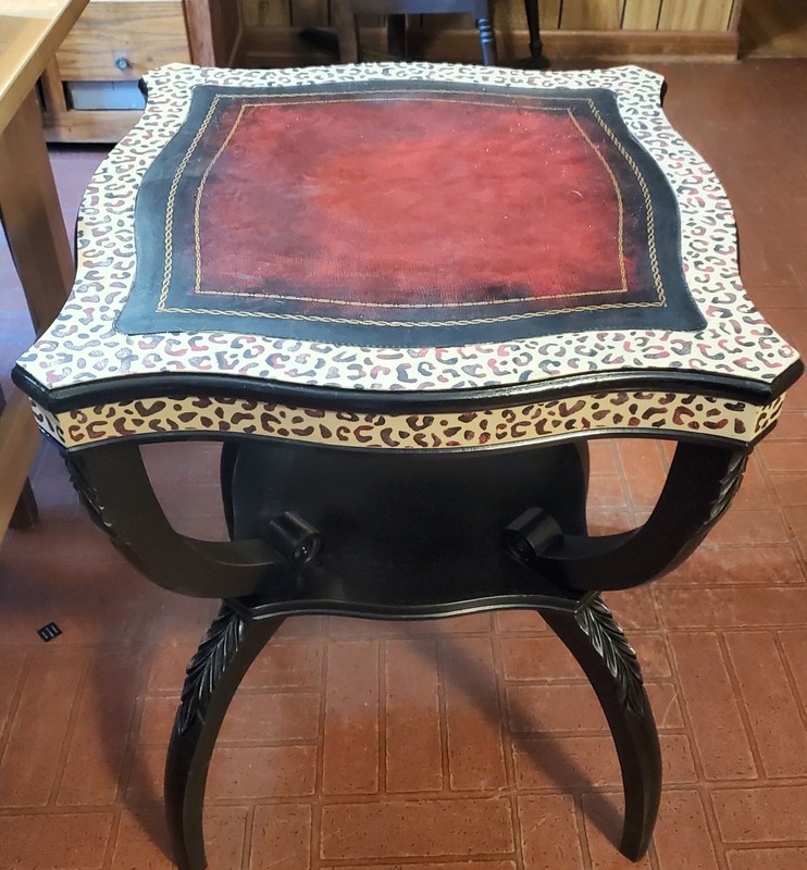 Antique Regency Refurbished Animal Print Artisan Side Table With Leather Top gallery