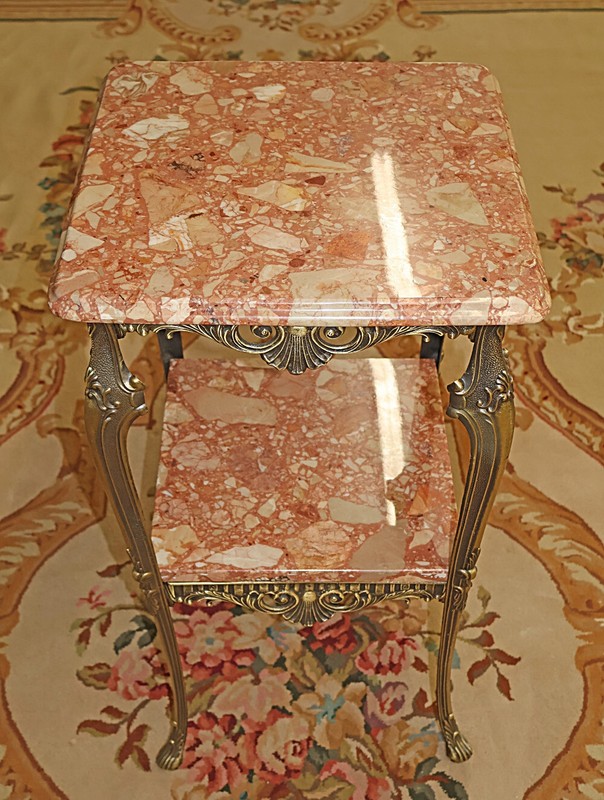 ​​Italian Square Bronze And Marble Two Tier End Table Pedestal Table gallery