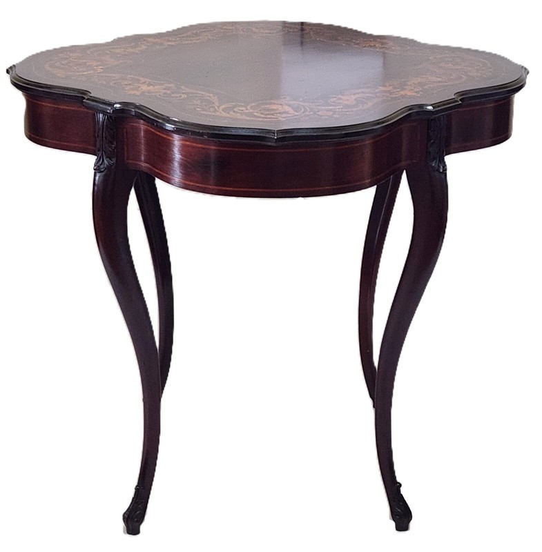 Center Parlor TABLE, Satin Inlaid, Burl, Mahogany, Louis XV, RJ Horner, 30"sq gallery