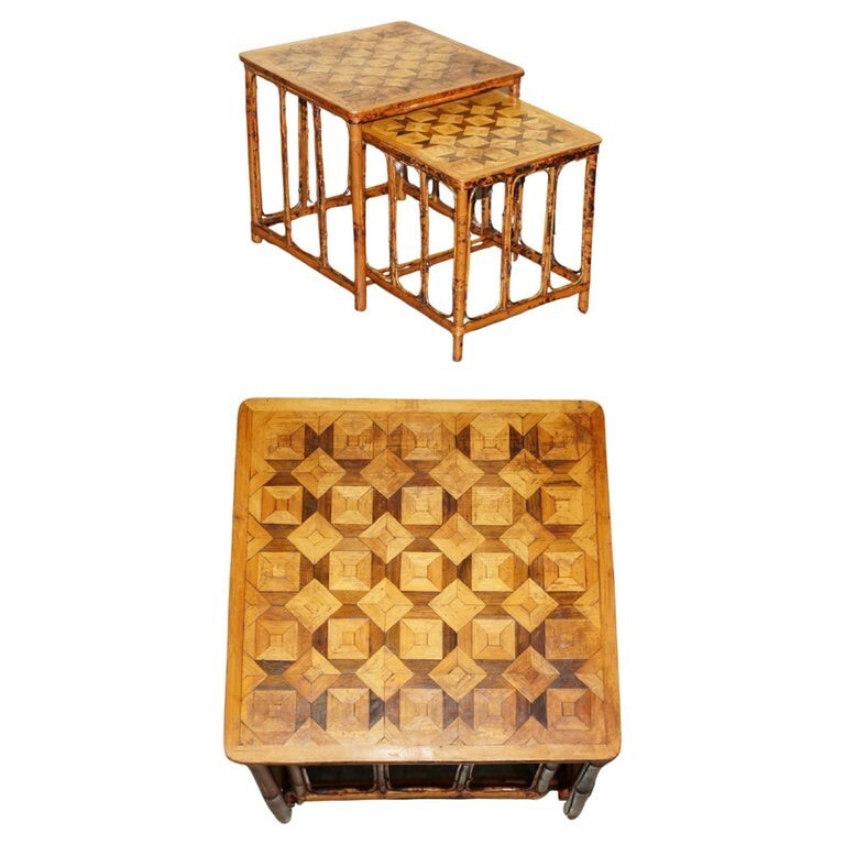 ORIGINAL VICTORIAN BAMBOO PARQUETRY NEST OF TWO TABLES LOVELY INLAID TOPS