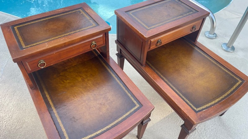 PAIR 1940s Step-Back Tooled Leather Top ANTIQUE Side End Drawer Tables Mersman gallery