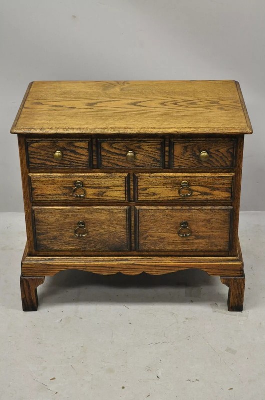 Vintage English Colonial Oak Wood Small Campaign Chest Nightstand Side Table gallery