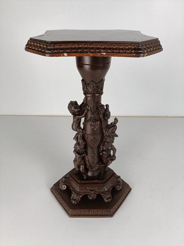 Ornate Vintage Resin Plant stand Pedestal Side Table Putti playing Faux Wood Far gallery