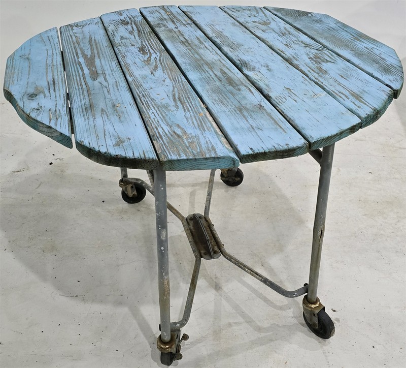 Vintage Primitive Industrial Base Distressed Blue Paint Drop-Leaf Round Table