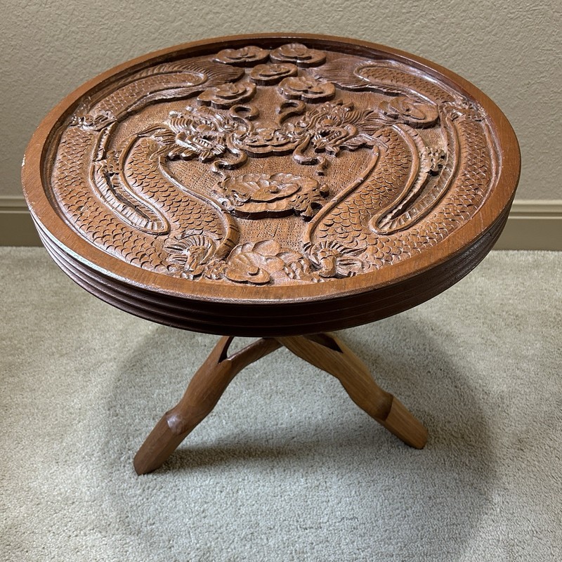 Vintage Asian Oriental Wood Carved Dragon Side Table w Folding Legs 19 Inch Tall
