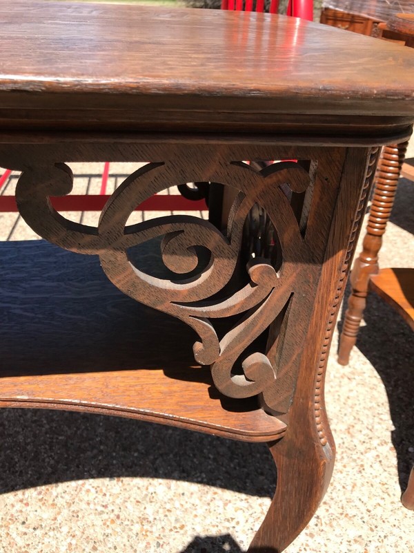 antique tiger oak end table lamp table accent table scroll cutout detail gallery