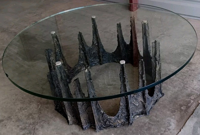 MCM BRUTALIST PAUL EVANS ABSTRACT BRONZE SCULPTURE BASE 42"GLASSTOP COFFEETABLE gallery