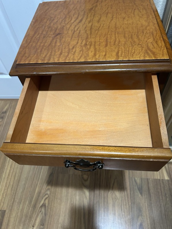 Antique Curly Tiger Maple Wood Side Table, Pedestal, DoveTail Drawer and 3 Legs gallery