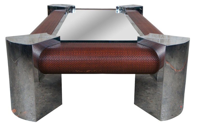 Ron Seff Mid Century Modern Polished Steel Chrome Rattan Glass Coffee Table 75" gallery