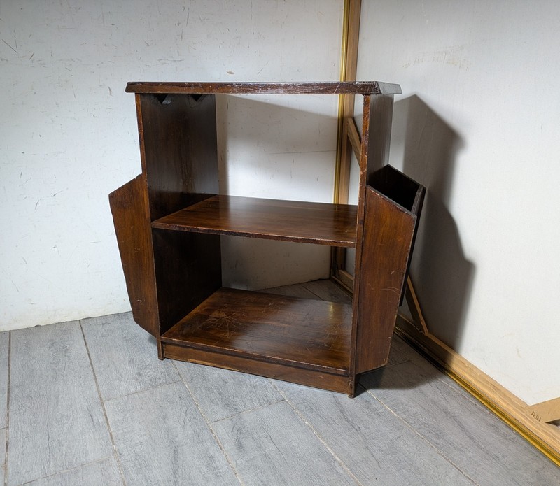 Vintage 1930s Art Deco Walnut End Side Table Magazine Rack Diamond Inlay M65 gallery