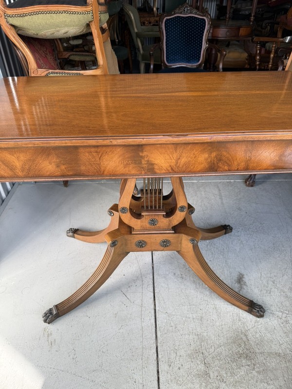 Antique Mahogany Federal card table with lyre pedestal base. 19 th century . gallery