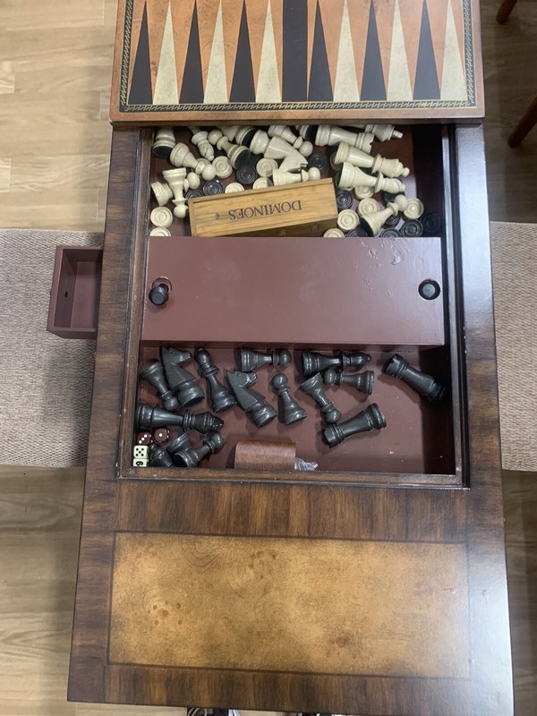 Powell Maple very ornate carver chest & backgammon 3 set table gallery