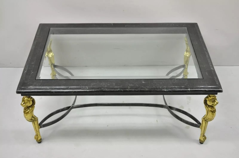 Italian Regency Style Brass Lion Marble Inlay Glass Top Steel Coffee Table gallery