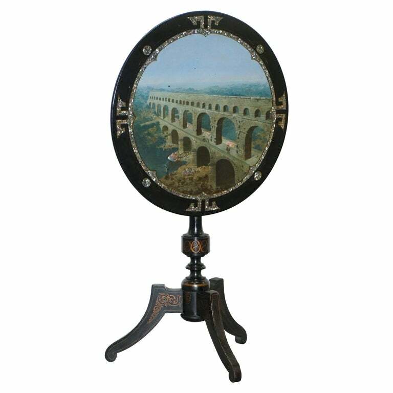 RARE 19TH CENTURY PONT DU GARD AQUEDUCT GRAND TOUR MOTHER OF PEARL TRIPOD TABLE