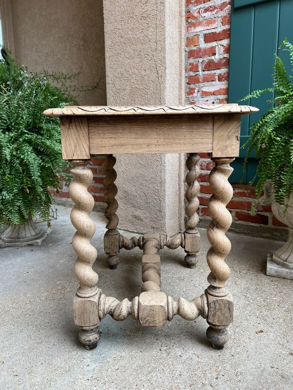 Antique French Side Table Barley Twist Bleached Carved Oak Nightstand Louis XIII gallery