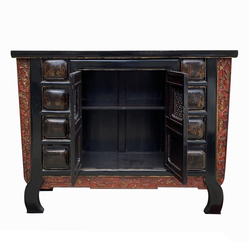 Chinese Brown Bold Drawers Doors Golden Graphic Credenza Table Cabinet cs7758 gallery
