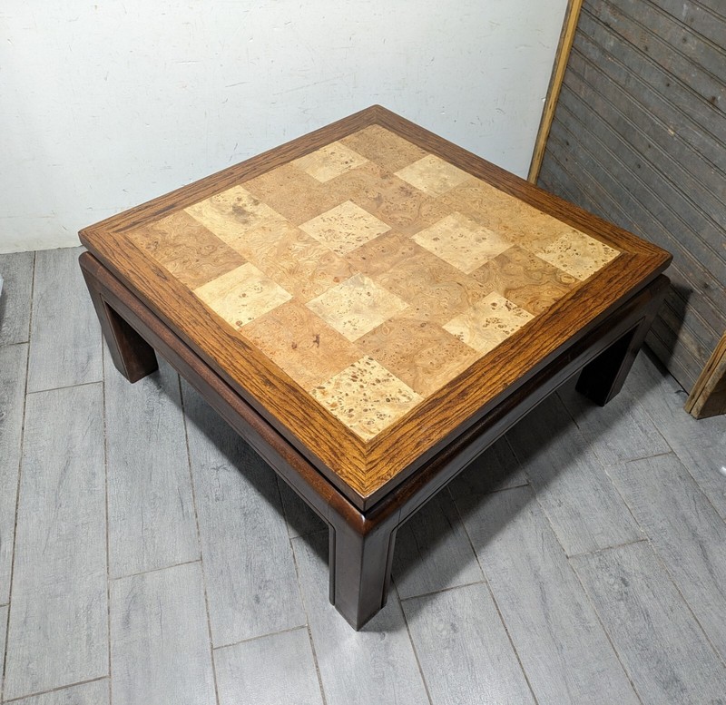 Vintage Asian Ming Style Solid Wood Coffee Table Inlaid Burl Mosaic Parquet Top gallery