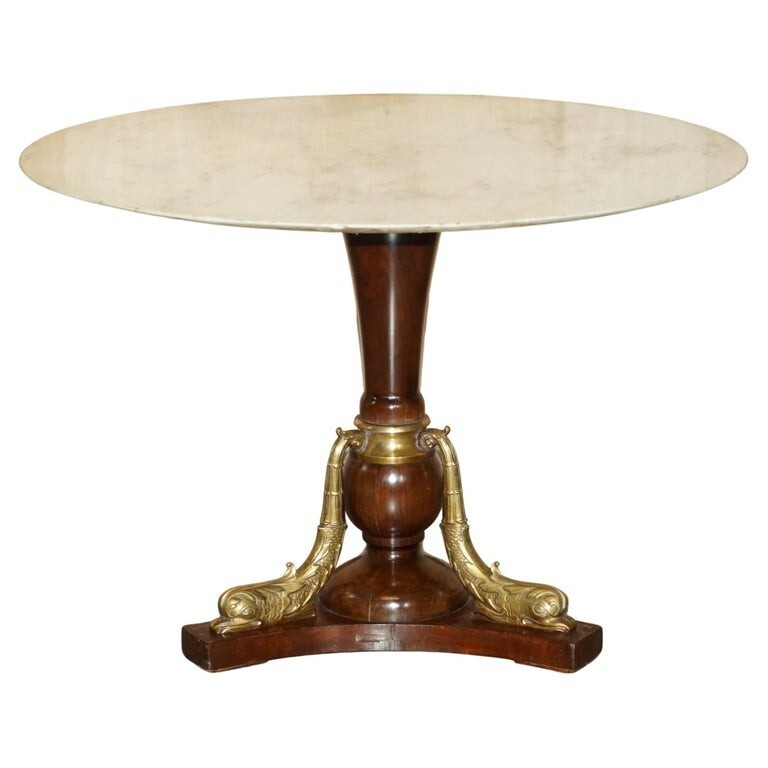 IMPORTANT 19TH CENTURY GILT BRASS DOLPHIN ITALIAN CARRARA MARBLE CENTRE TABLE