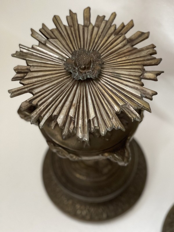PAIR French Antique Bronze Spelter Rams Starburst Sunburst Pedestal Lamp Table gallery