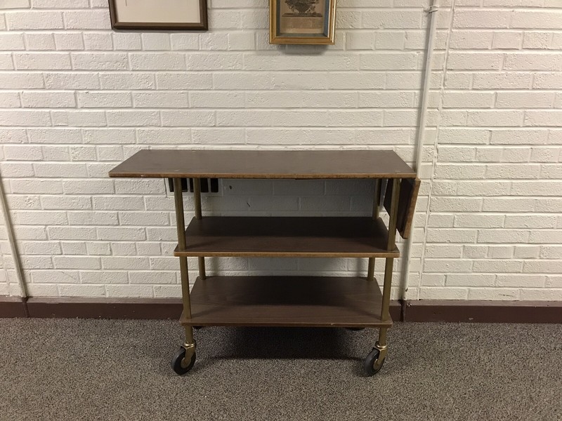 VTG MID CENTURY MODERN MCM WOOD LAMINATE BRASS WHEELED CART T.V. STEREO BAR ETC