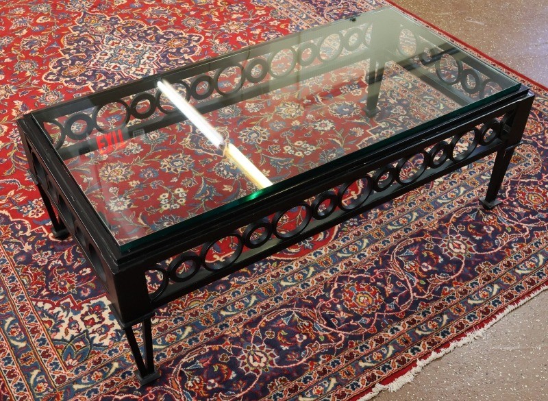 Mid Century Style Circle Pattern Black Iron & Glass Cocktail Coffee Table gallery