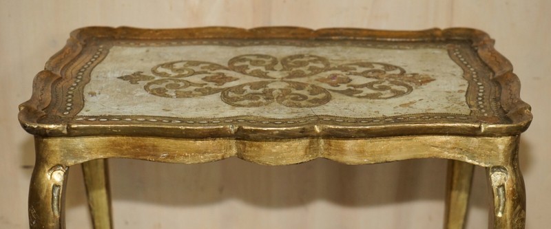 ANTIQUE CIRCA 1930 FLORENTINE VENETIAN HAND PAINTED & GILT NEST OF THREE TABLES gallery