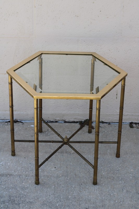 Authentic Pair Vintage Mastercraft Faux Bamboo Hexagonal Brass End Accent Tables gallery