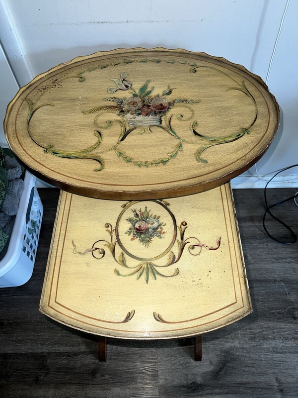 1920’s Antique Nesting Tables Set Of 2 Pastel Mahogany Hand Painted Rare Vintage