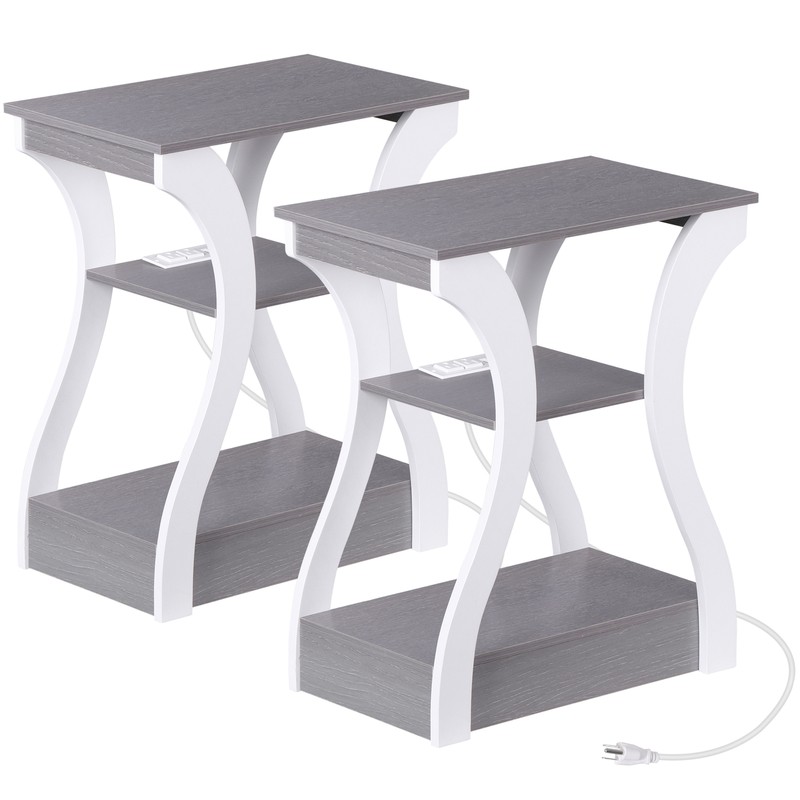 End Table Set of 2 Living Room w/ Charging Station & USB Ports Side Table Gray gallery