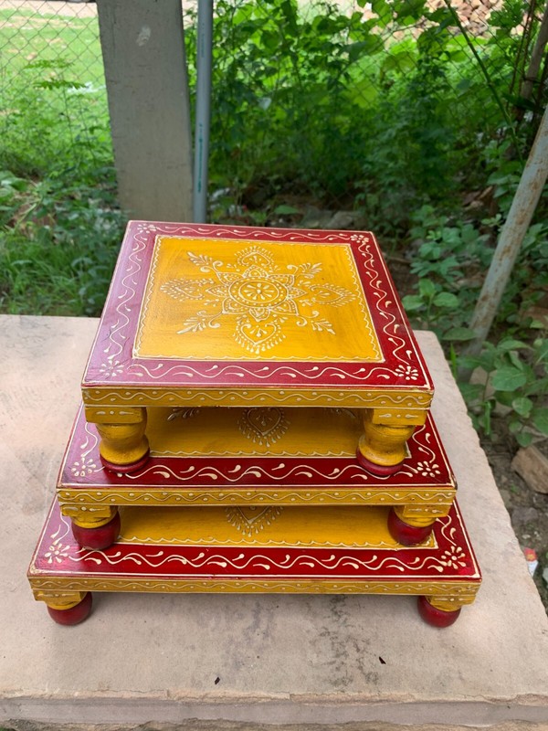 Wooden Chowki Set Indian Traditional Painted Bajot Handmade Decorative Stool gallery