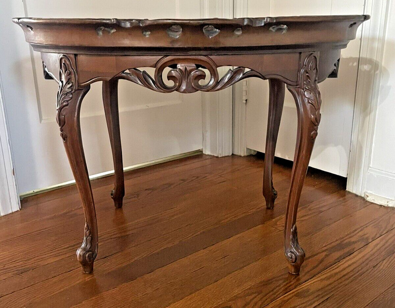 Early 1900s Hand Carved Oval Butlers Coffee Table Tea Table Glass Serving Tray gallery