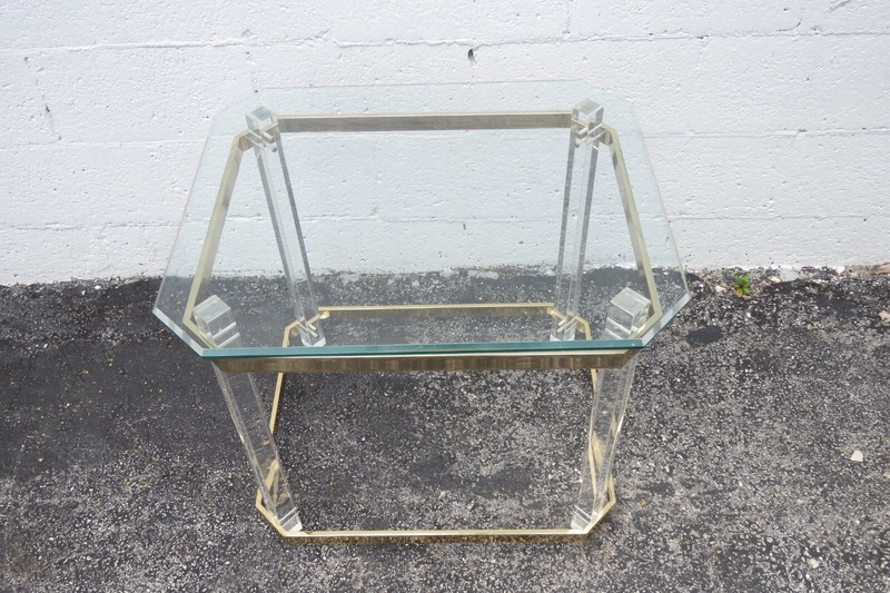 Hollywood Regency Lucite and Brass Finish with Glass Top Side Table 2998 gallery