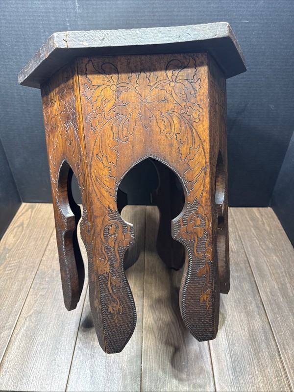 Antique Carved Wood Hexagonal Side Table Anglo Indian Moorish Accent Table gallery