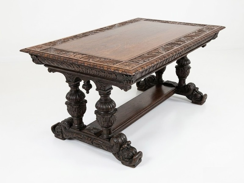 Antique George C Flint Co Library Table Renaissance Revival Carved Oak Man Heads gallery
