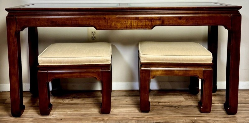 Vtg Hammary Mahogany Console Table w 2 Upholstered Stools/Ottomans Ming [READ]
