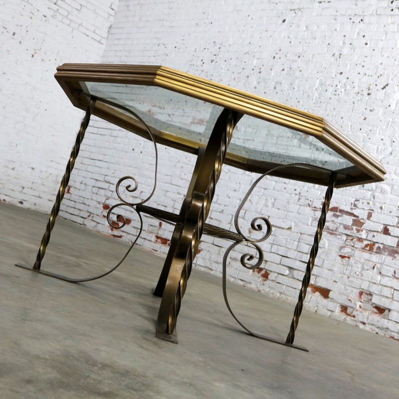 ON SALEHollywood Regency Wrought Iron Dining Table Octagon Gilt Wood & Glass Top gallery