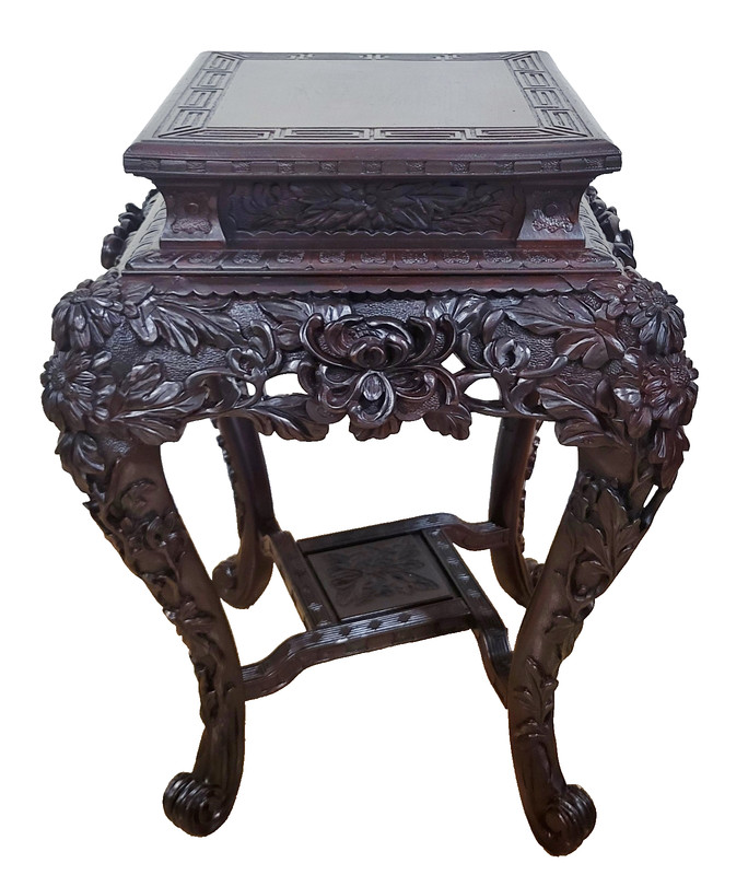 Antique ASIAN JAPANESE Carved LOTUS Flower SIDE TABLE Plant PEDESTAL Stand