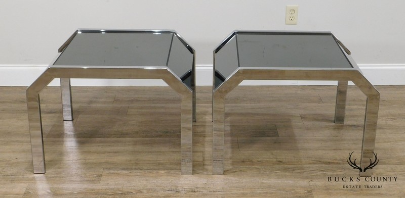 Mid Century Modern Chrome & Smoked Mirror Pair Side Tables gallery
