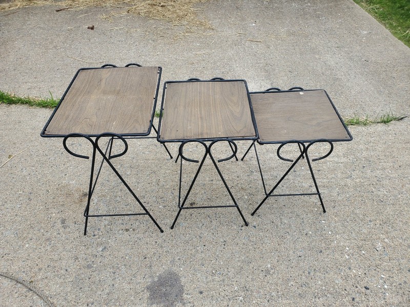 Vintage MCM Salterini Style Nesting Wrought Iron & Wood Tables