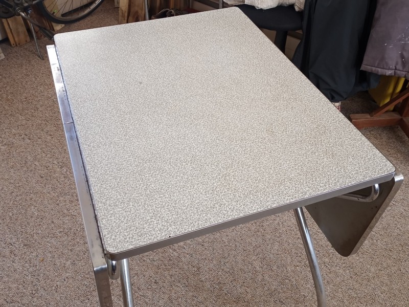 Vtg 1950s 1960s DROP LEAF KITCHEN TABLE THE HOWELL CO. GRAY 48X30 CHROME LEGS gallery