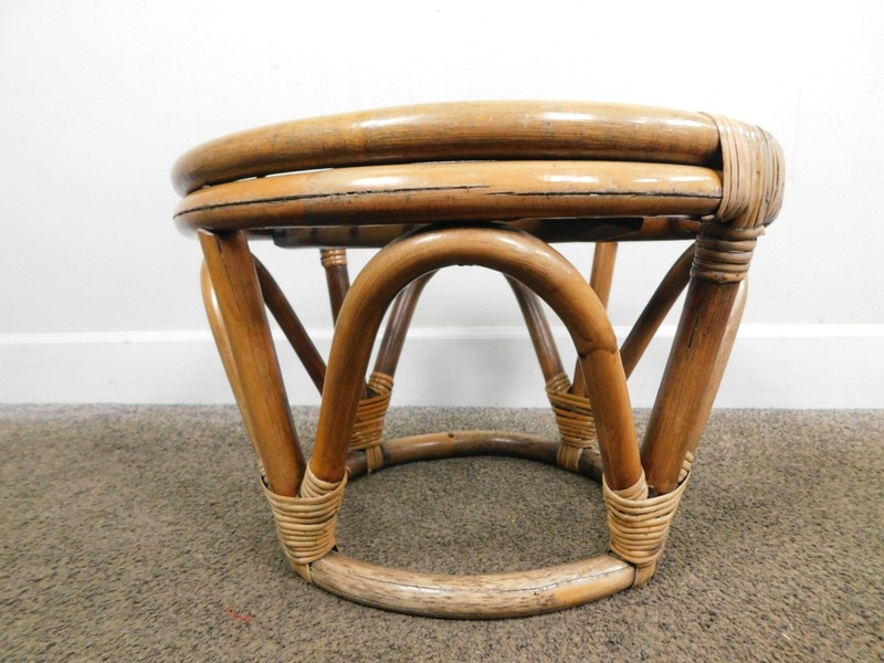 VTG 1980s Retro MCM Philippines Bamboo Patio Side Table Rattan Footstool Ottoman gallery