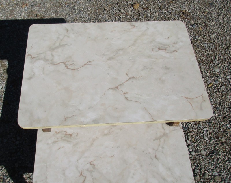Vintage MCM White Marbled Formica Two-Tier Step End Table, Mid Century Modern gallery